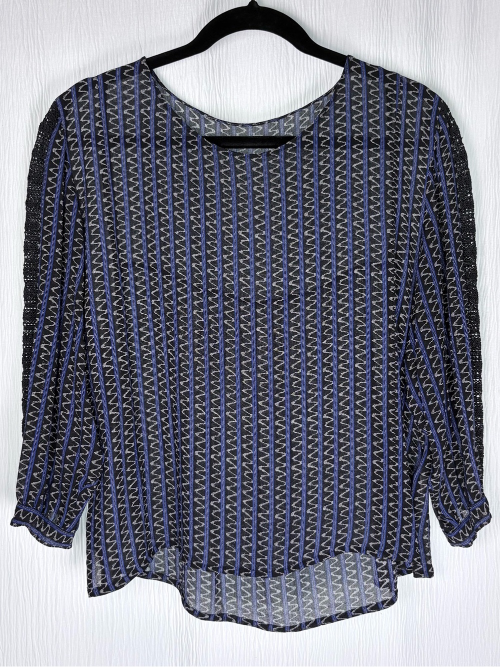 Wrap London Sheer Peasant Top, Embroidered Sleeves, Size Medium